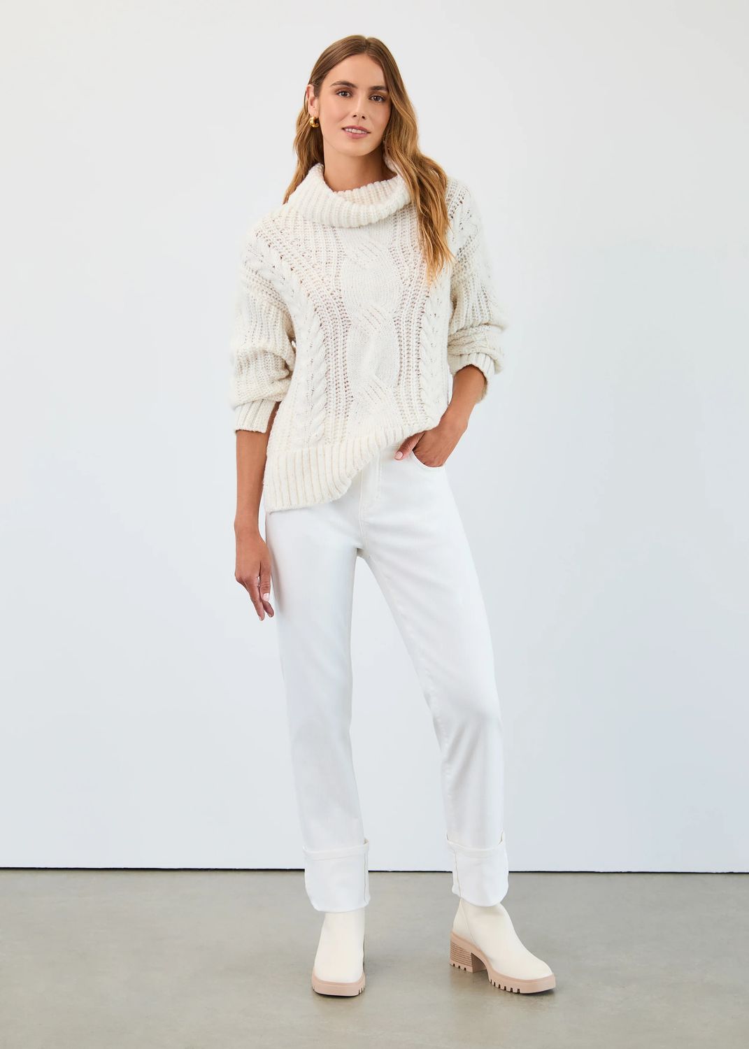Cowl Neck Cable Sweater 1205423, Color: Cream, Size: S