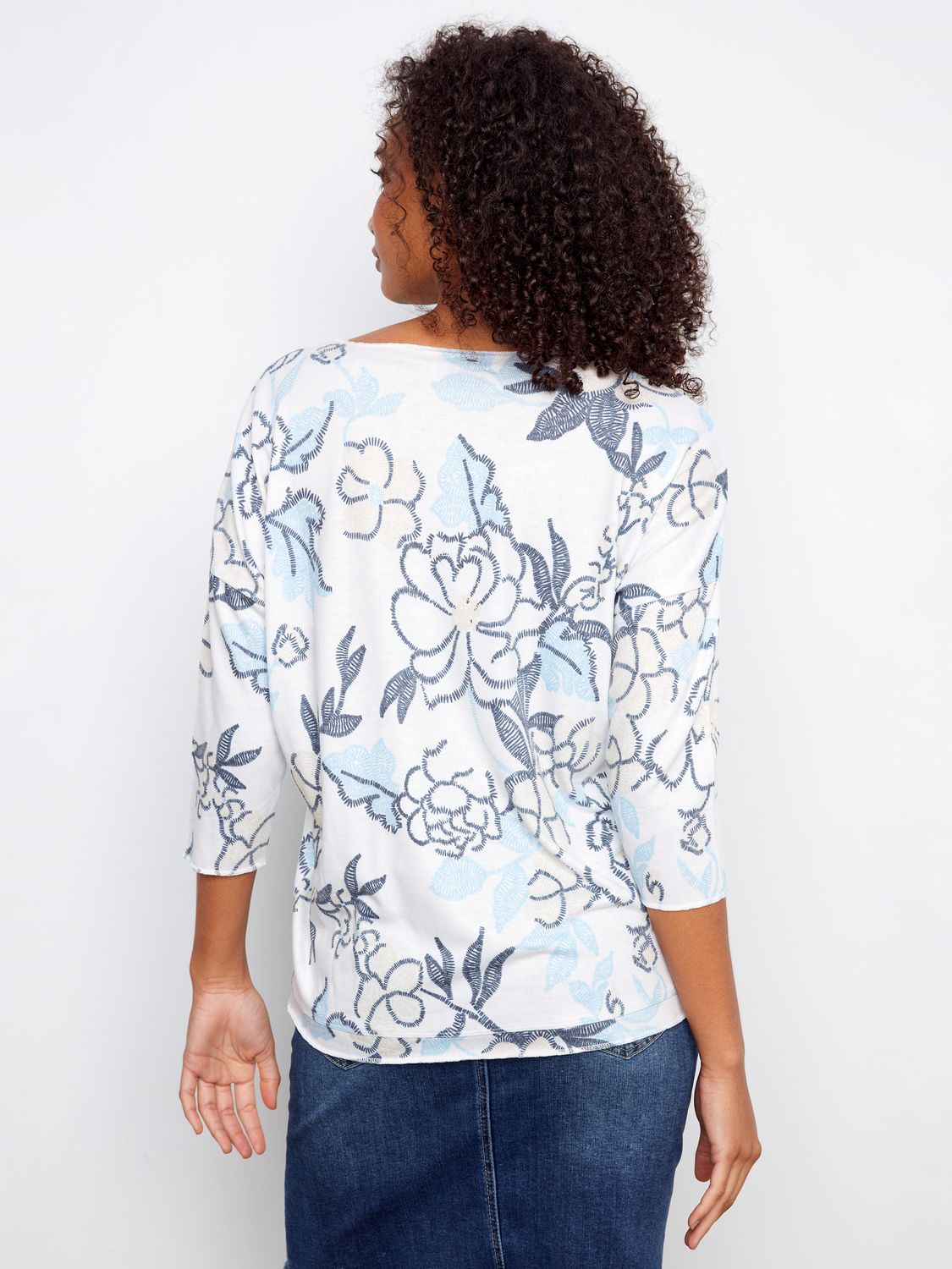 V Neck Printed 3/4 Sleeve Top C1264DPK/, Color: Windflower, Size: S