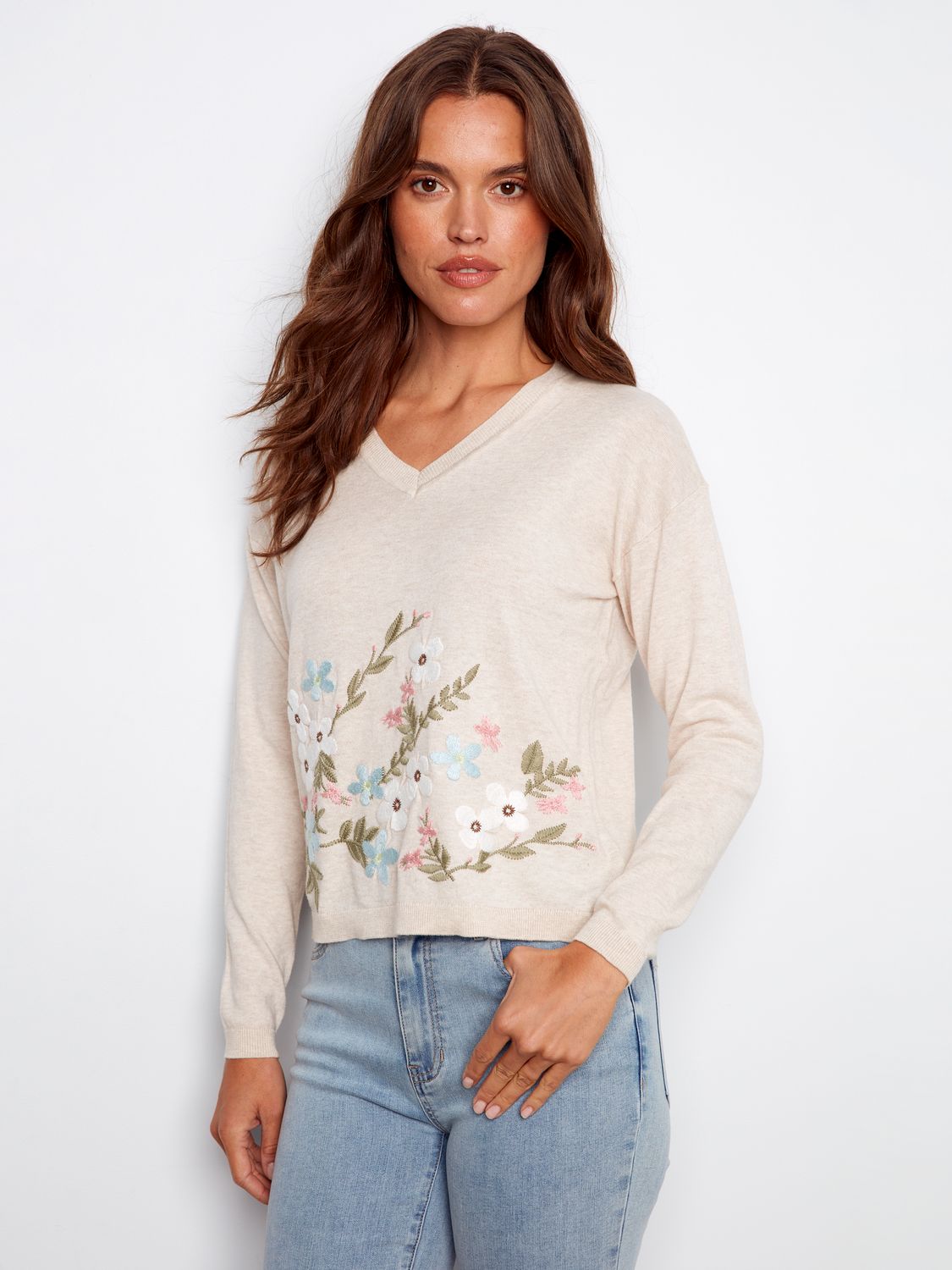 V Neck Sweater With Embroidery C2802R/261B, Color: Wildflower, Size: S
