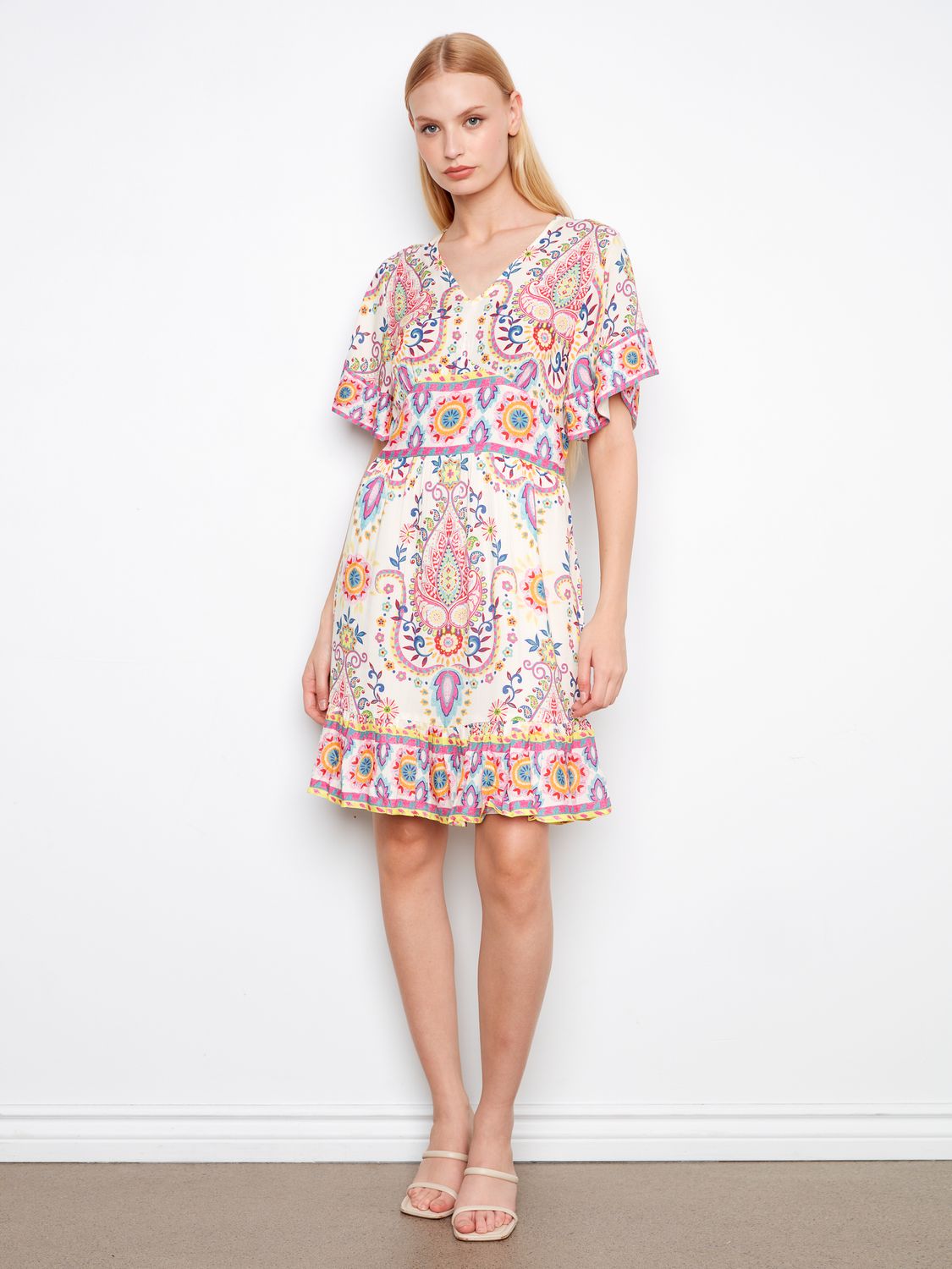 Flutter Sleeve V Neck Dress C3255B/808b, Color: Carnival, Size: XS