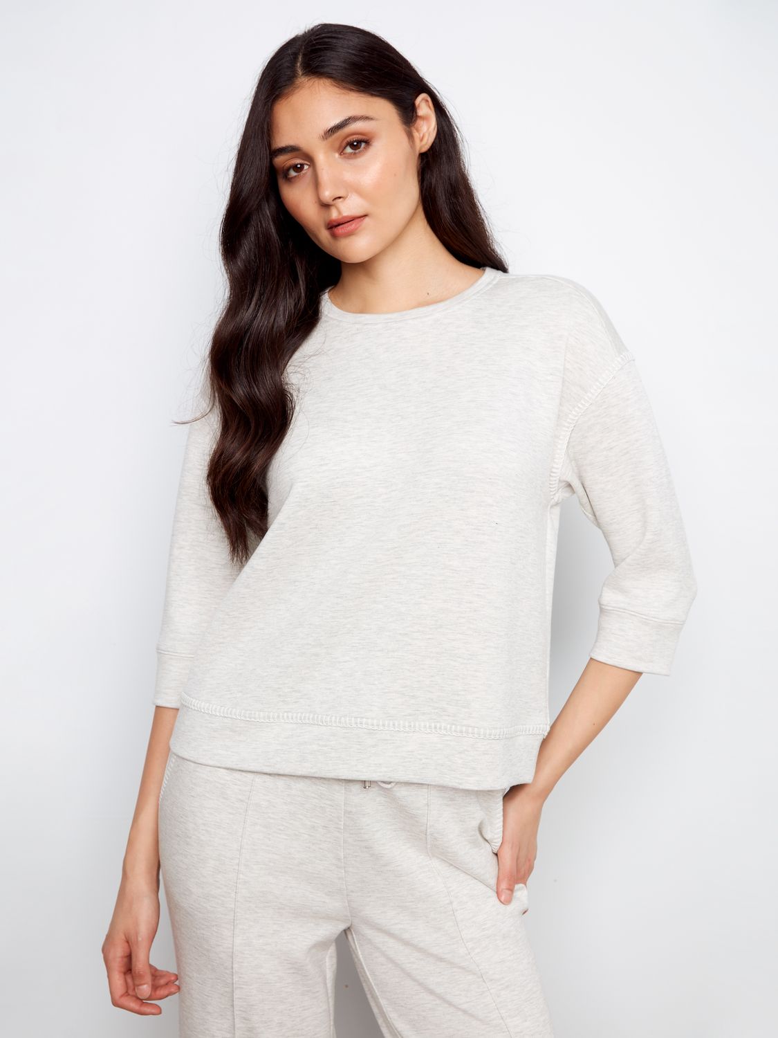 3/4 Sleeve Soft Scuba Top With Blanket Stitch C1425/479C, Color: H Lt Grey, Size: S