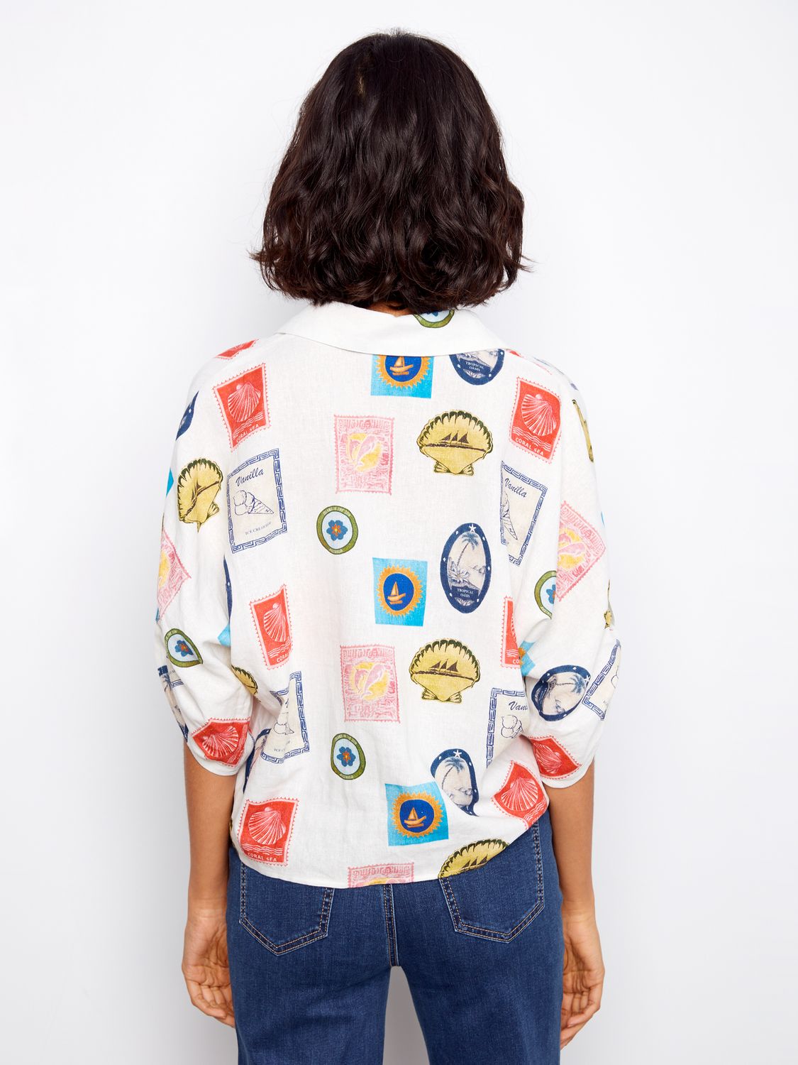 Front Tie Blouse With Ruched Up Sleeve C4637X/229B, Color: Postcard, Size: XS