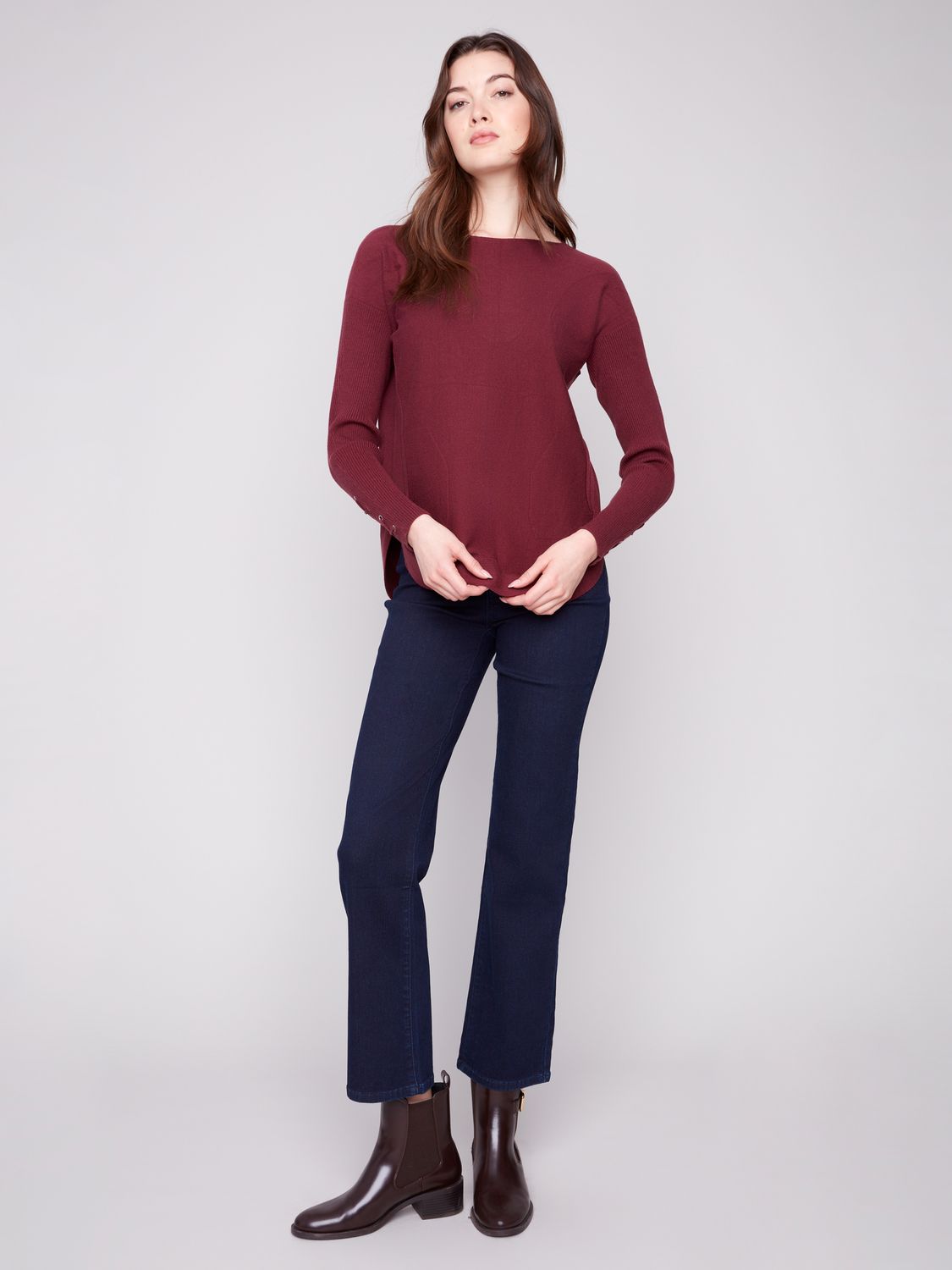 Round Hem Sweater With Pockets C2380Y/464A, Color: Evergreen, Size: S