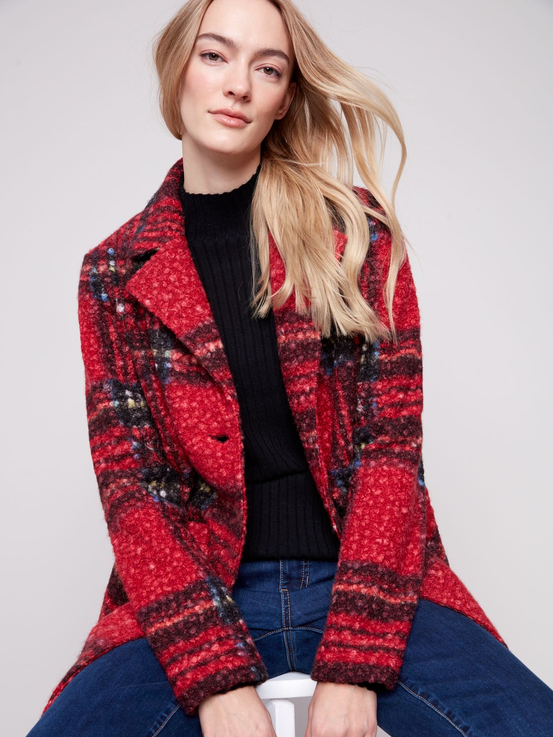 Plaid  Boucle Coat C6141Z/707B, Color: Cranberry, Size: S