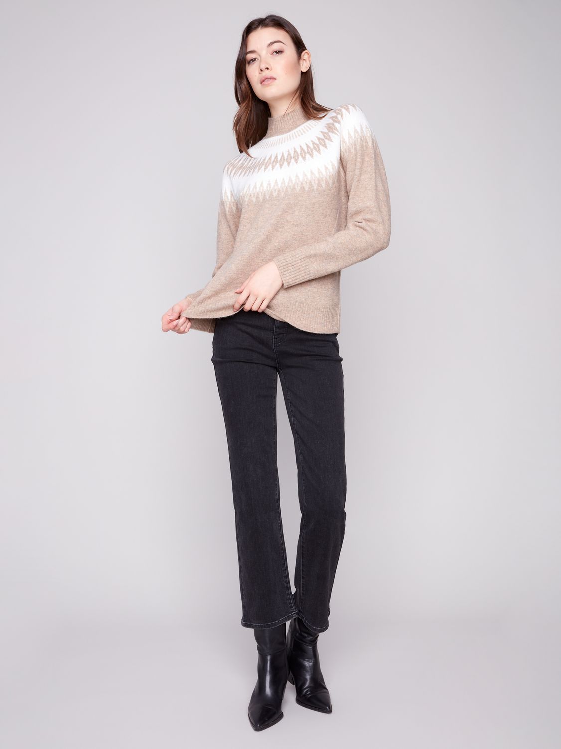 Jacquard Mock Neck Raglan Sweater C2859/018C, Color: H Beige, Size: XS