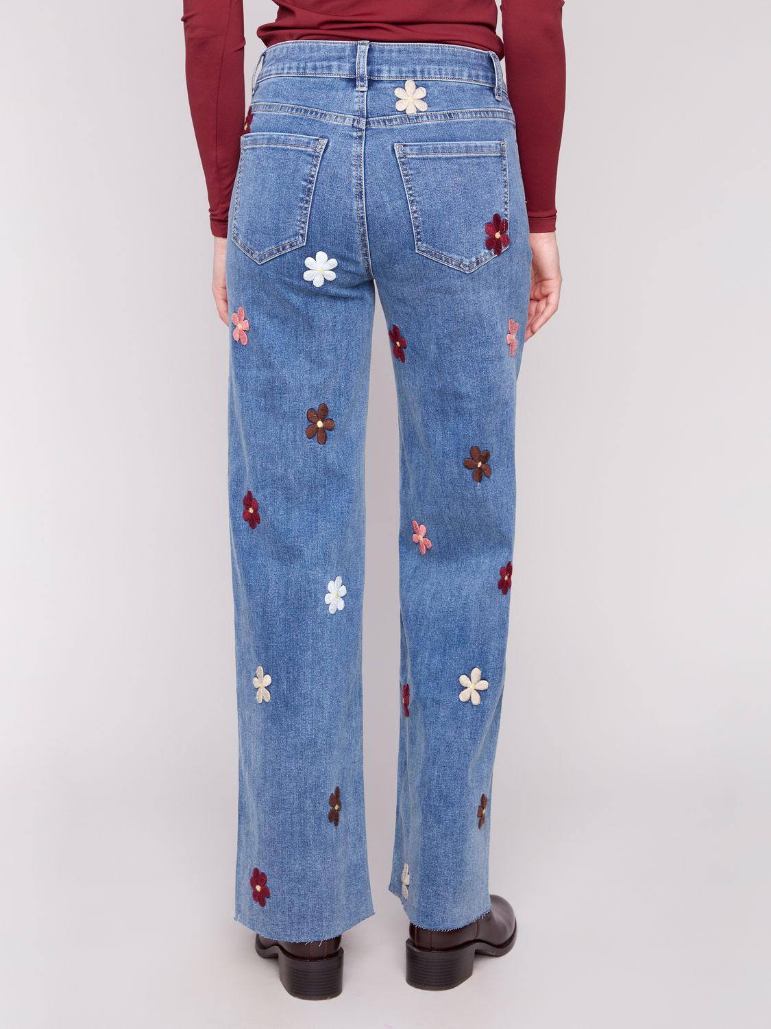 Wide Leg Denim Pant With Flower Patches C5665/431A, Color: Medium Blue, Size: 4