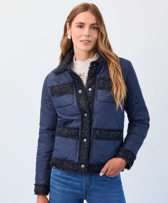 Quilted Sparkle Tweed Jacket 1458209, Color: Indigo, Size: S