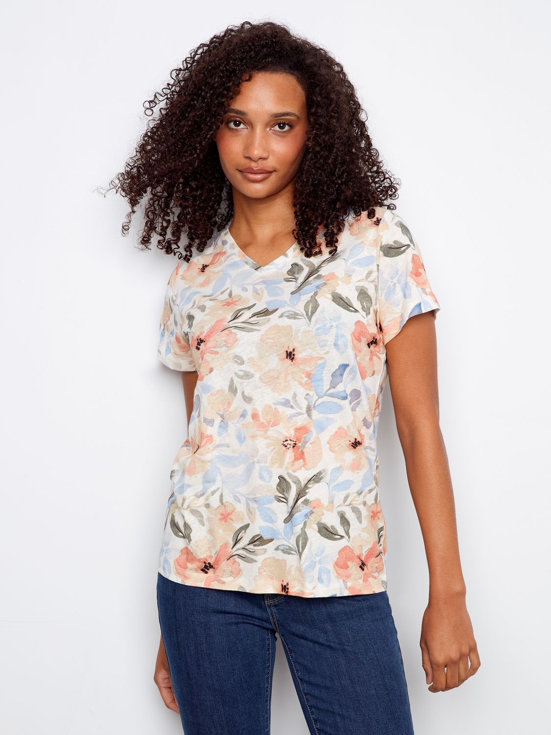 Printed V Neck Short Sleeve T-Shirt C1231ZPK, Color: Aurelia, Size: S