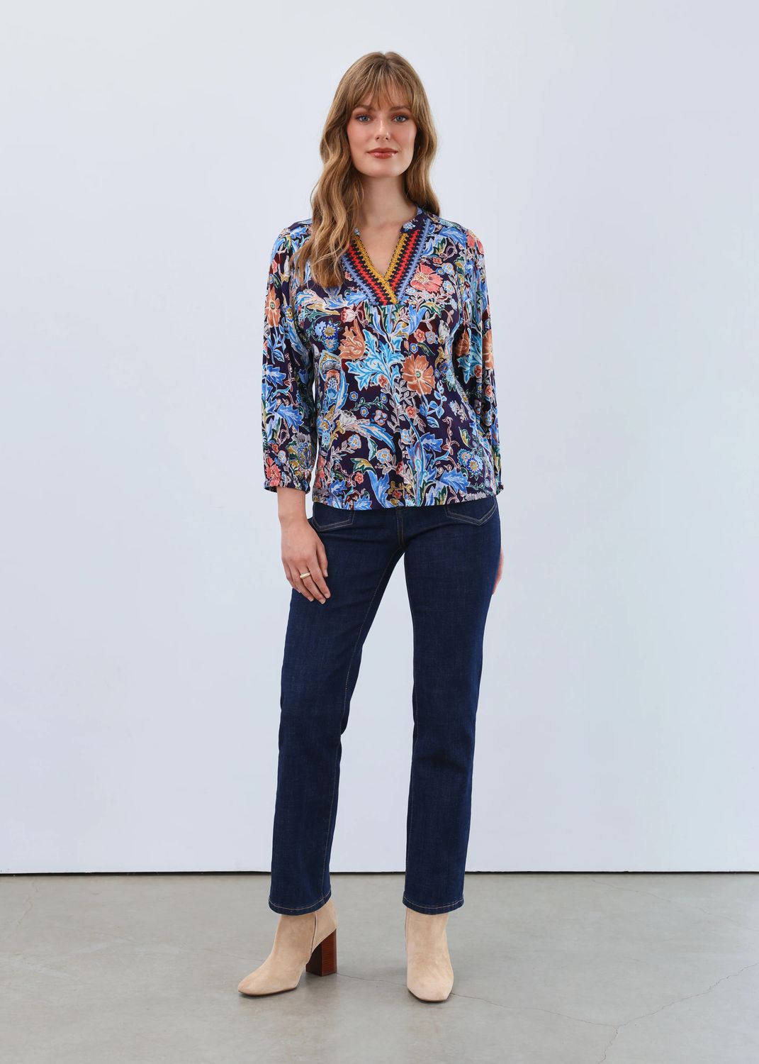 Embellished Neck Top 3188153, Color: Watercolor, Size: S