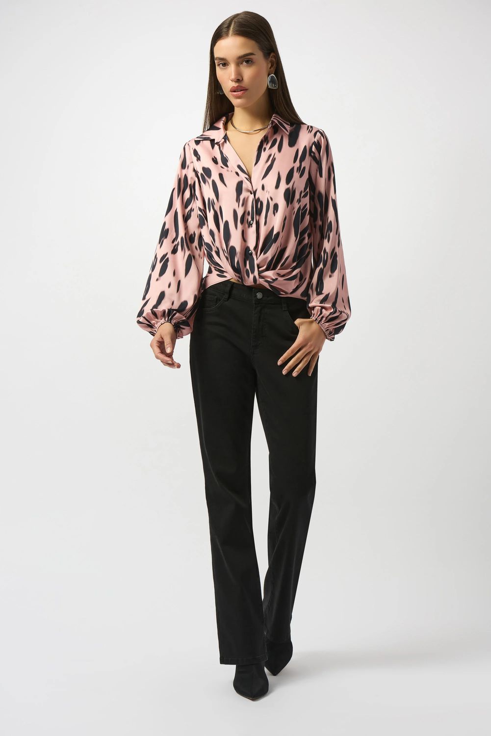Recycled Satin Animal Print Draped Top 253059T, Color: Pink/Black, Size: 8