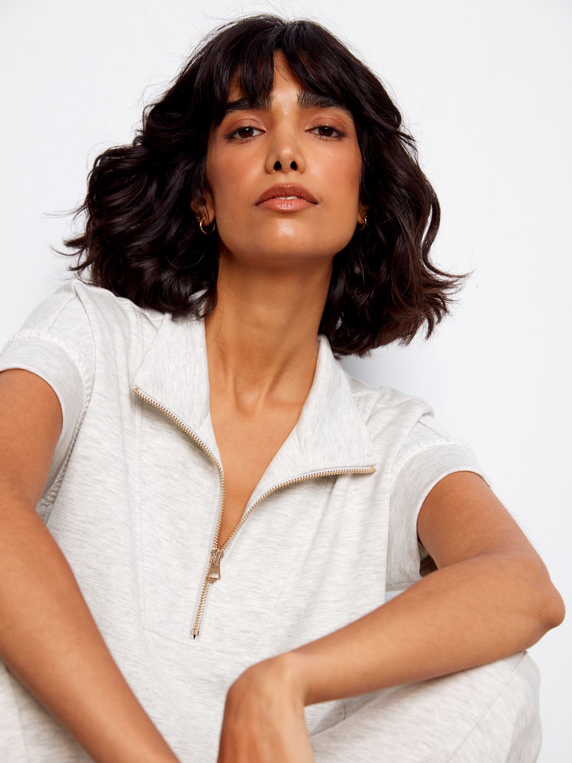 Short Sleeve 1/2 Zip Top With Blanket Stitch C1455/479C, Color: H Lt Grey, Size: XS