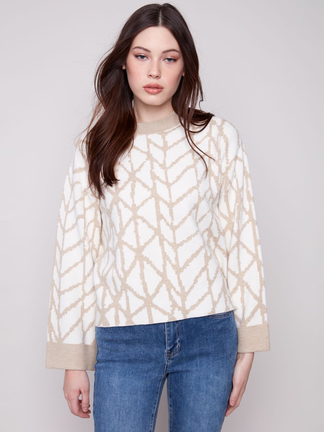 Jacquard Sweater With Cuff Detail C2921/974A, Color: Ecru, Size: XS