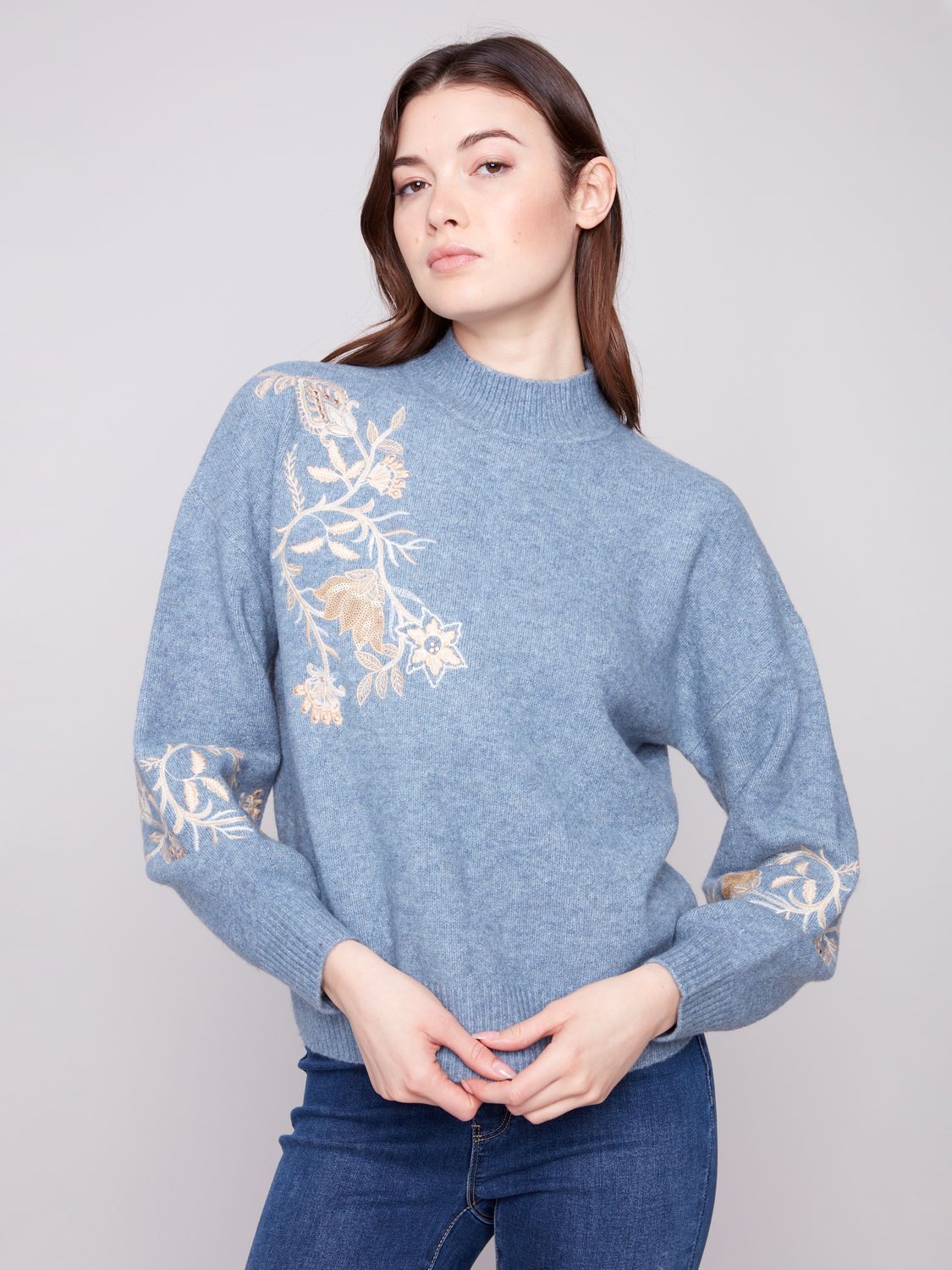 Mock Neck Sweater With Sequin Detail C2856/018C, Color: H Denim, Size: XS
