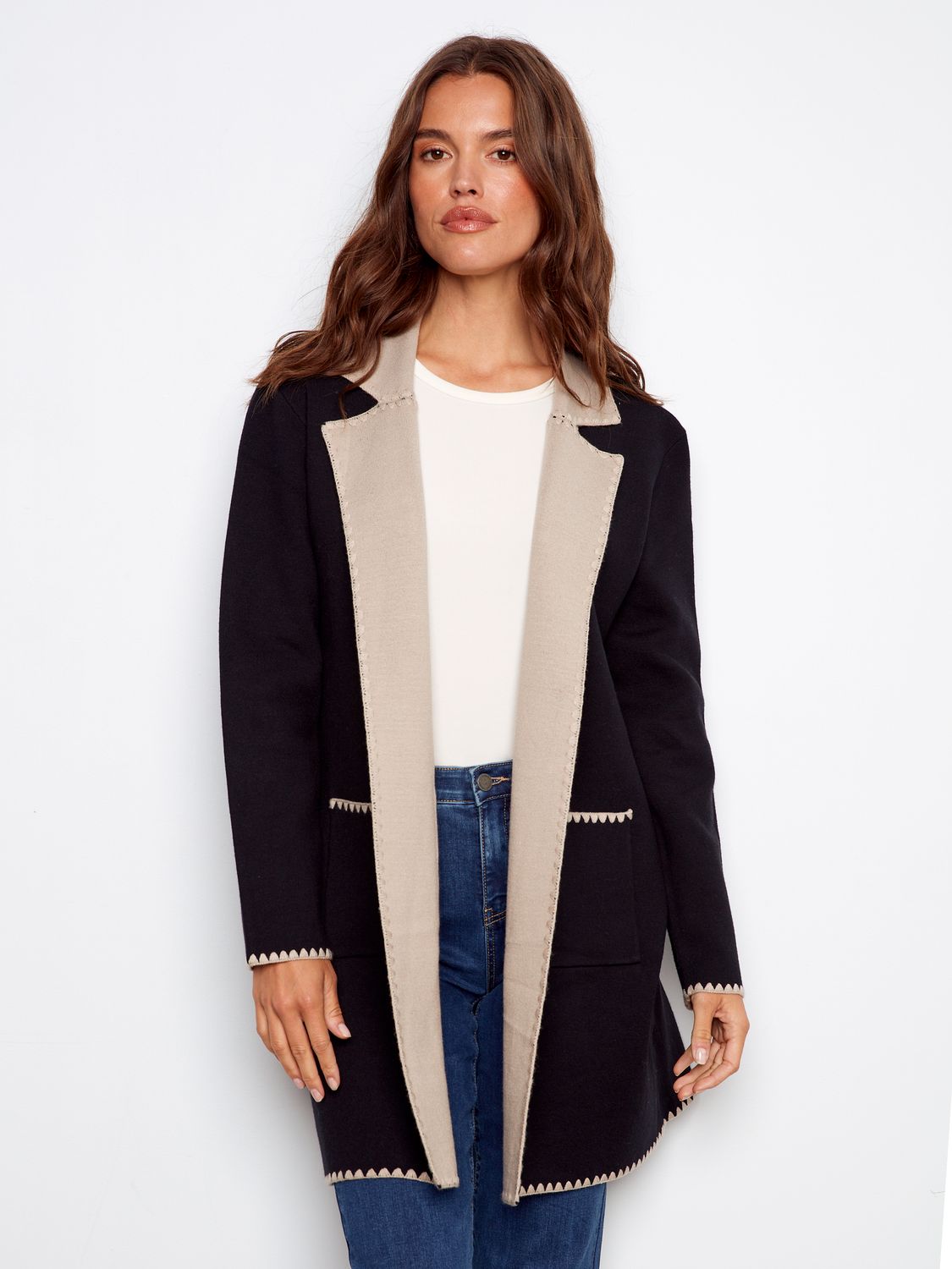 Cardigan With Blanket Stitch , Color: Black, Size: S