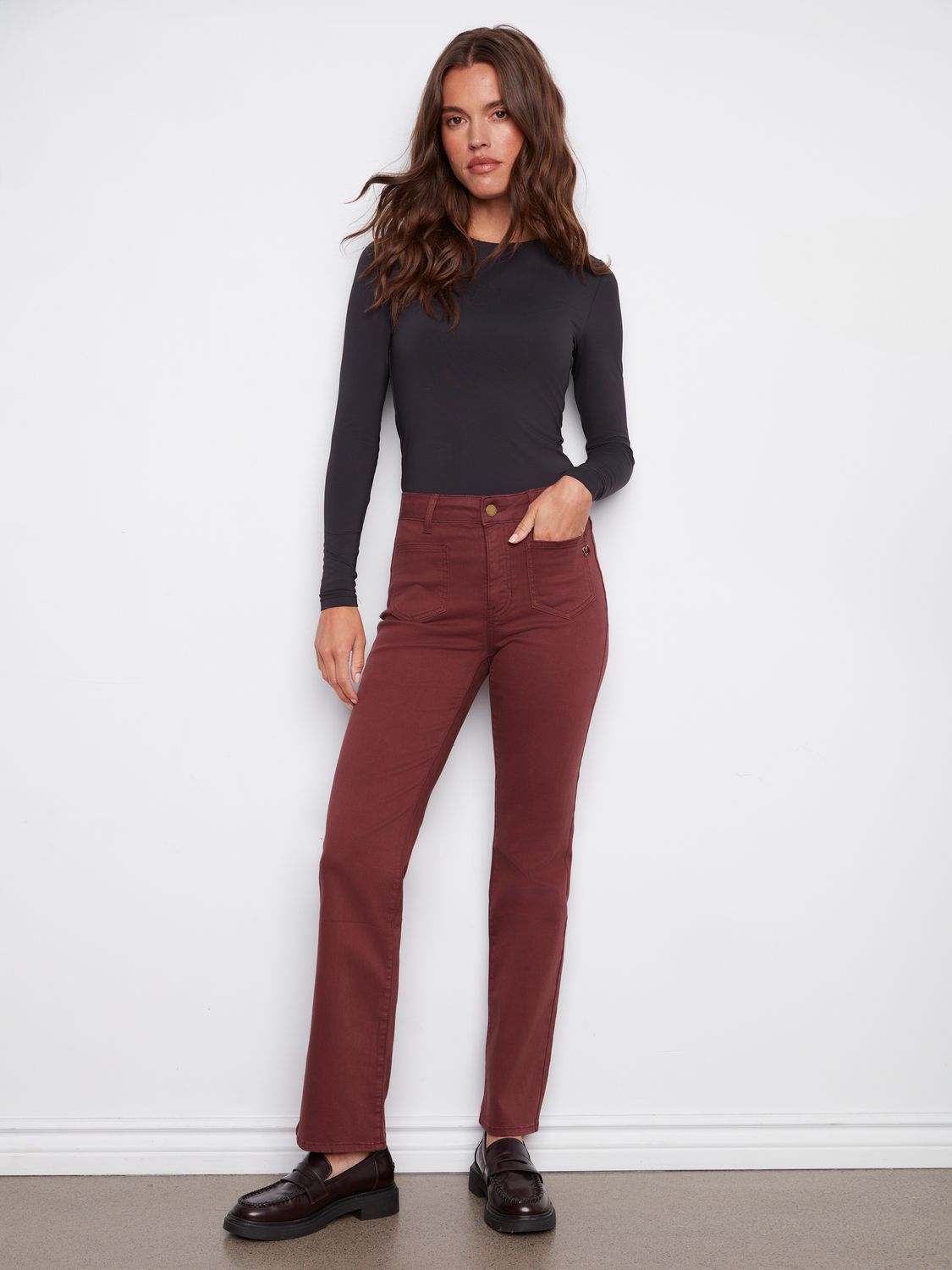 Flare Leg Twill With Patch Pockets/Special C5687/618A, Color: Cabernet, Size: 4