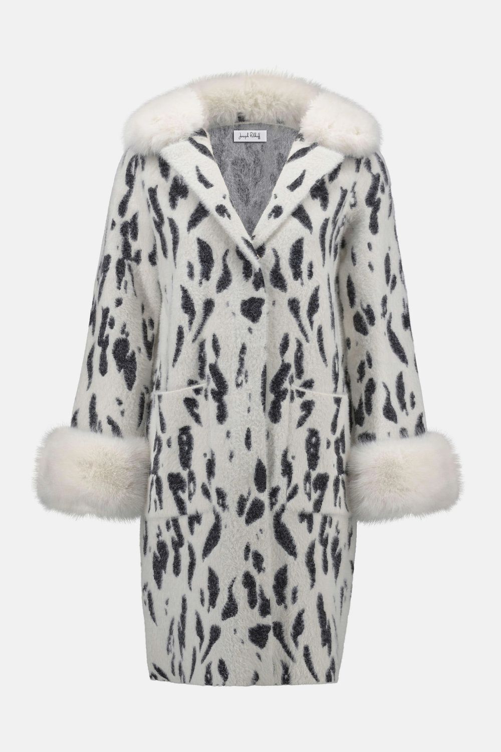 Feather Yarn Animal Jacquard Coat with Faux Fur Trim 253904 T, Color: Winter White/Black, Size: S