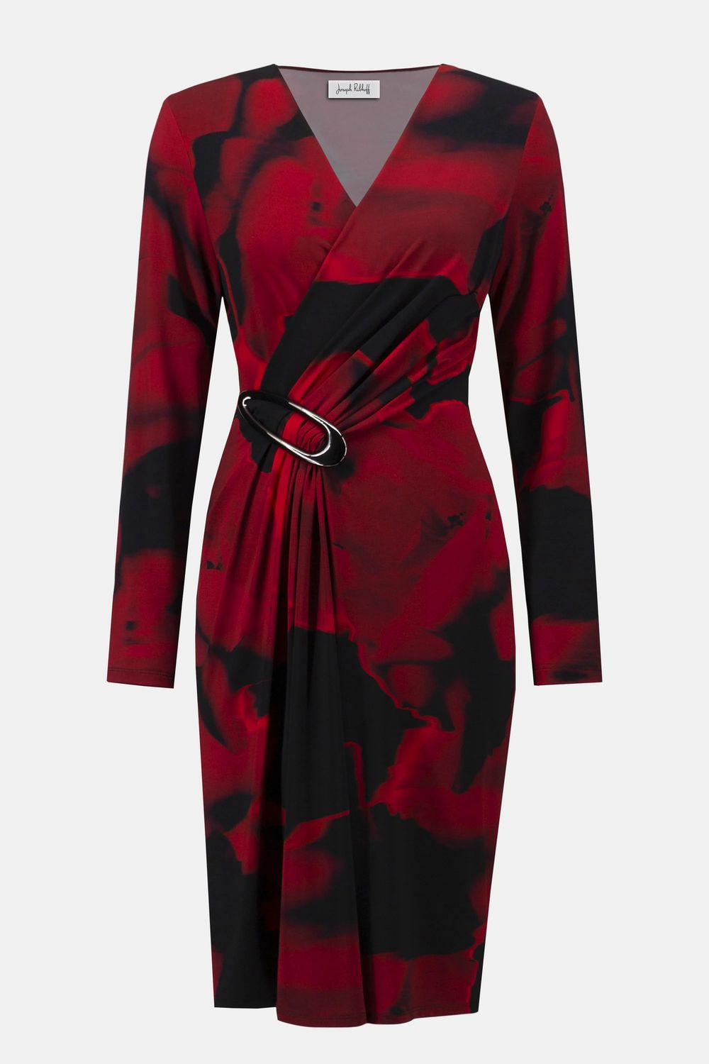 Silky Knit Abstract Print Wrap Dress 254088, Color: Black/Red 250, Size: 8