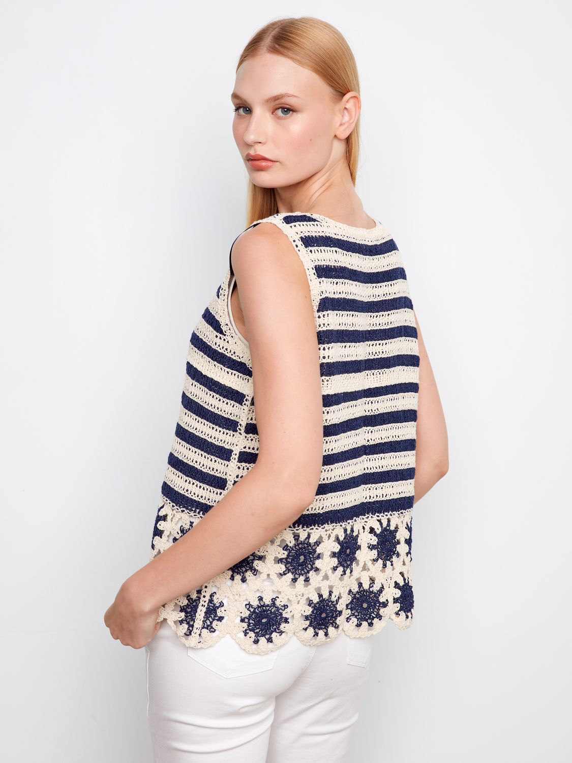 Contrast Sleeveless Crochet Top C4675/629C, Color: Navy, Size: S