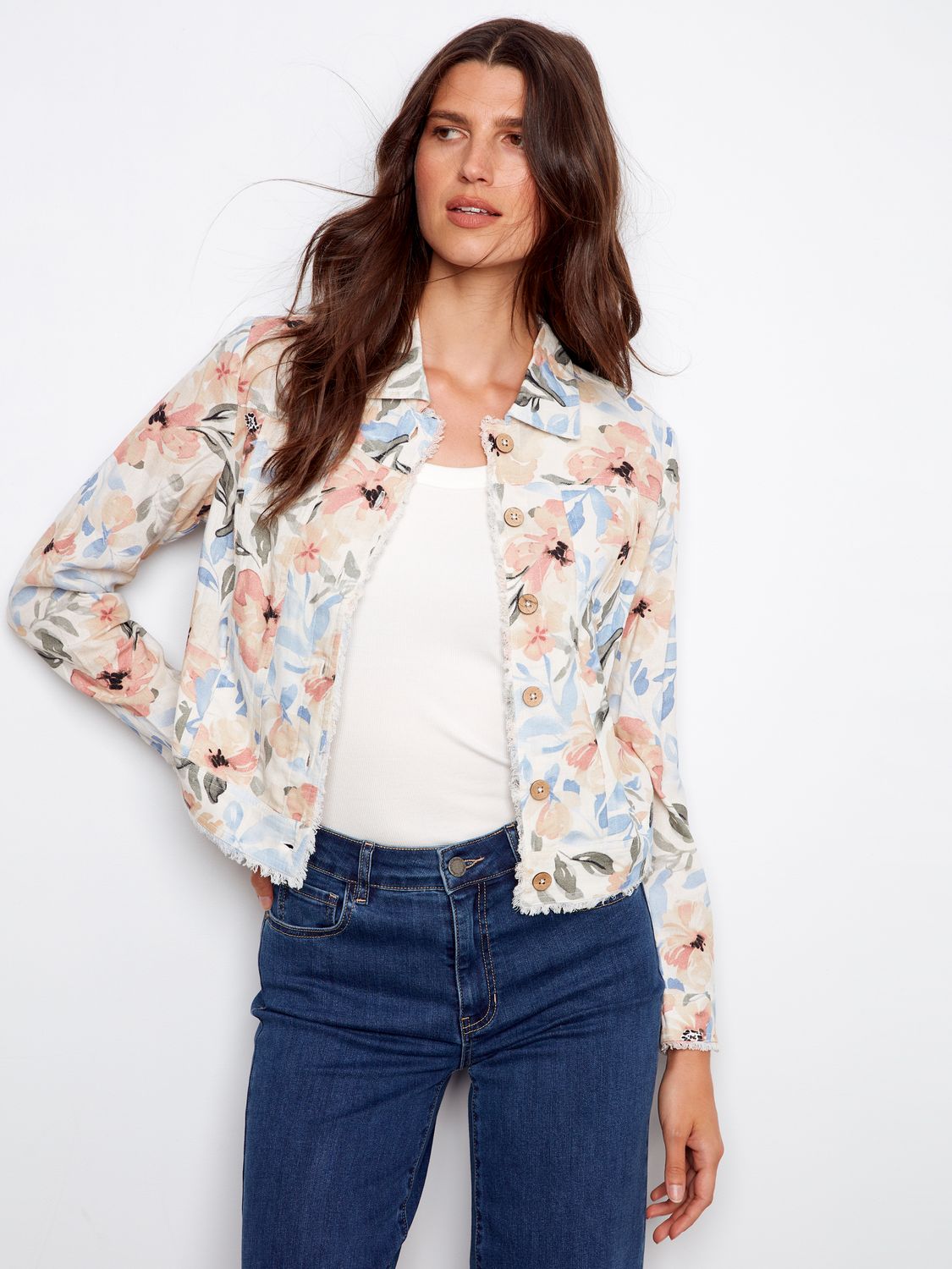 Printed Linen Jacket With Frayed Hem C6199TP/229B, Size: S