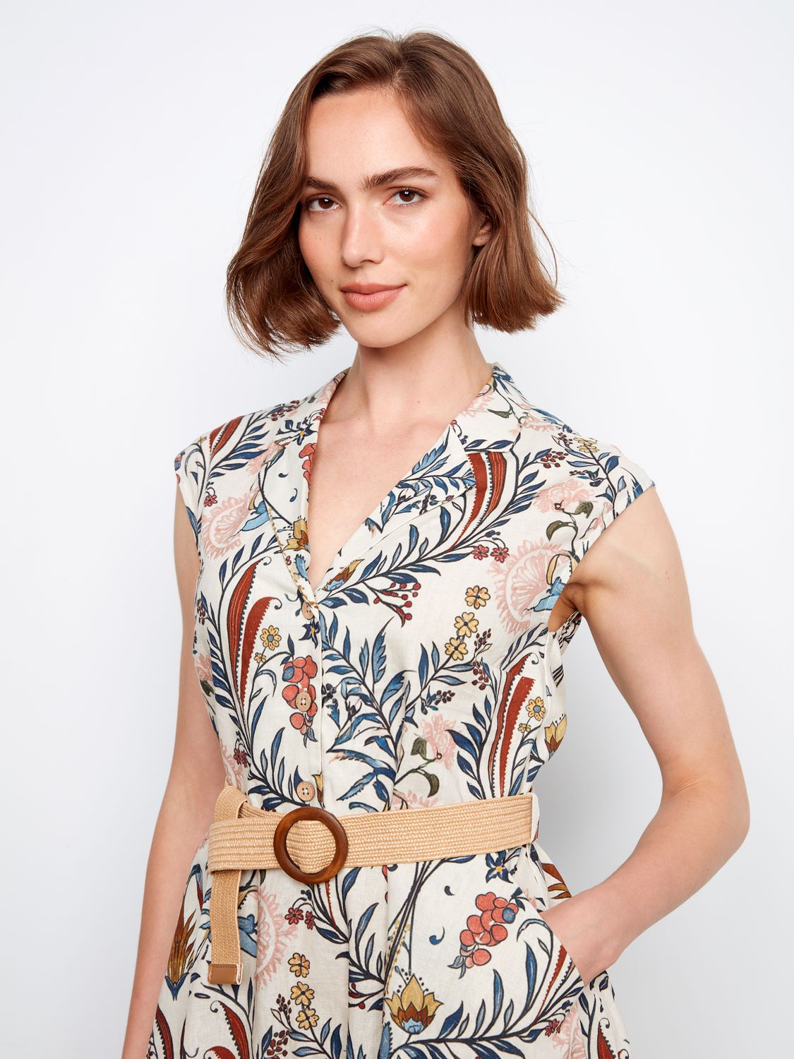 Linen Cap Sleeve Dress With Belt C3224B/563C, Color: Bella, Size: S