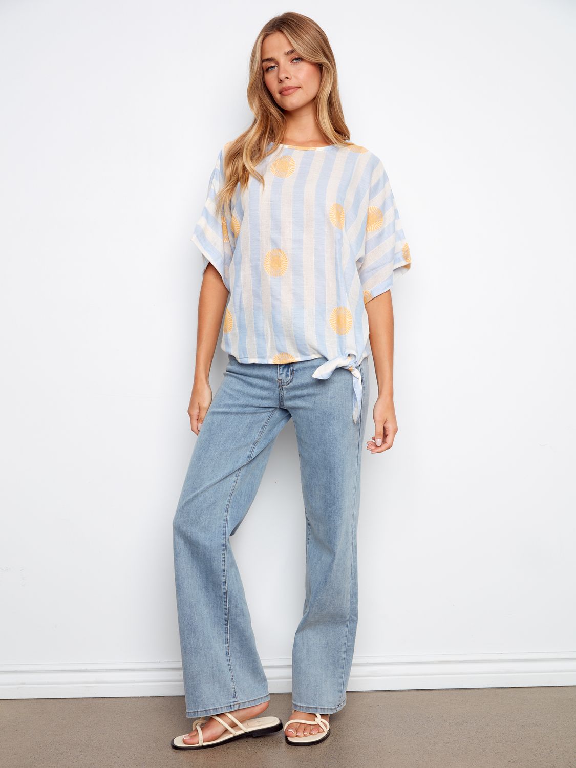Striped Dolman Sleeve Top With Side Tie C4403YD/561C, Color: Sunrise, Size: XS