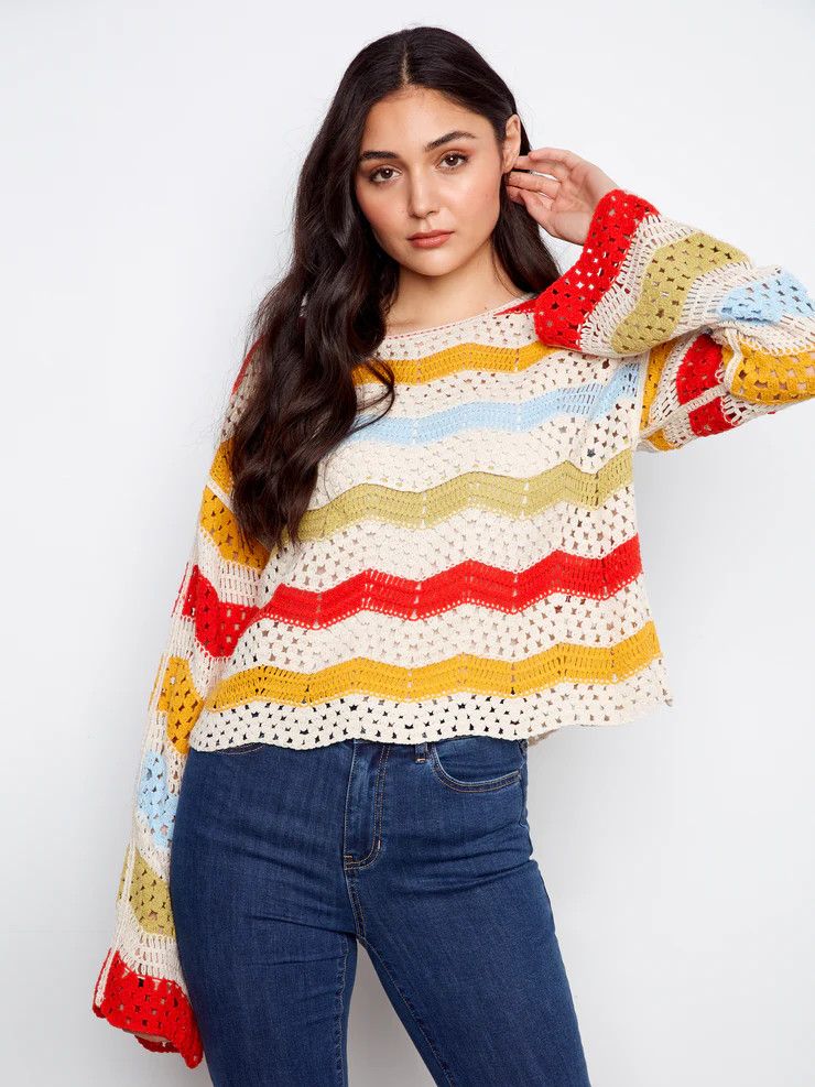 3/4 SLEEVE CROCHET TOP C4764-777C, Color: Sunshine, Size: S
