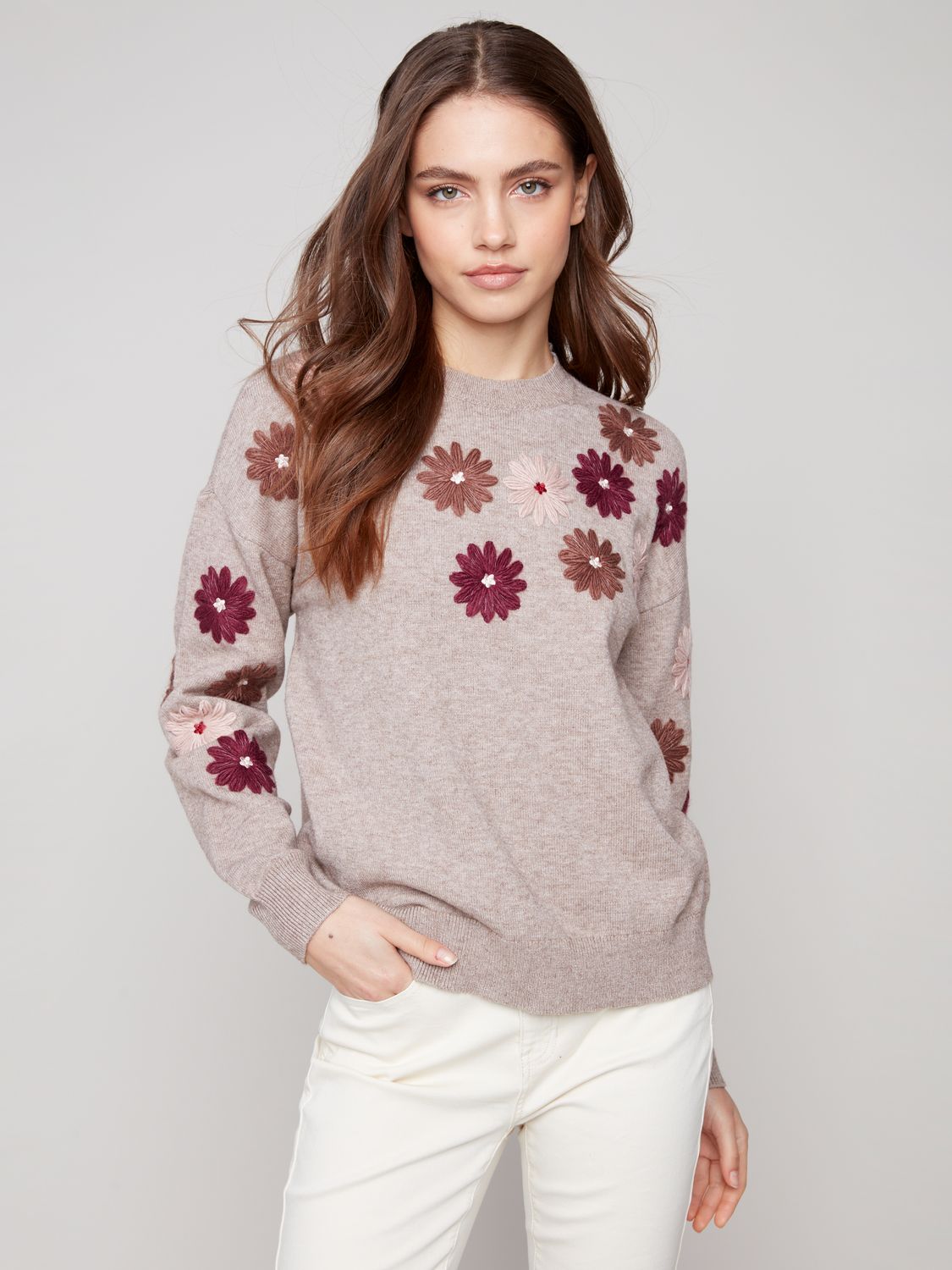 Floral Embroidery Sweater C2891/974A, Color: H Taupe, Size: XS