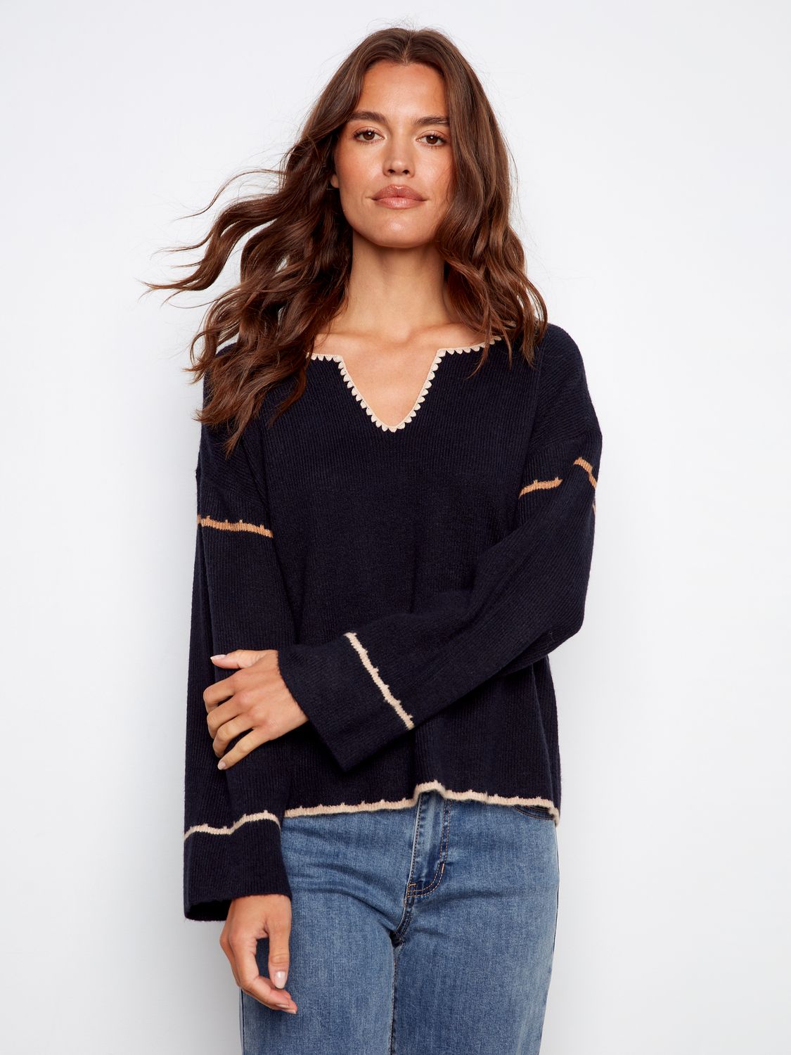 Ribbed V Neck Notched Sweater C2879/365C, Color: Marine Navy, Size: XS
