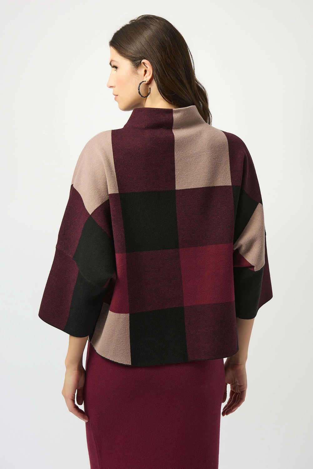 Plaid Jacquard Sweater Knit Top 243948F25 T, Color: Merlot/Multi, Size: S