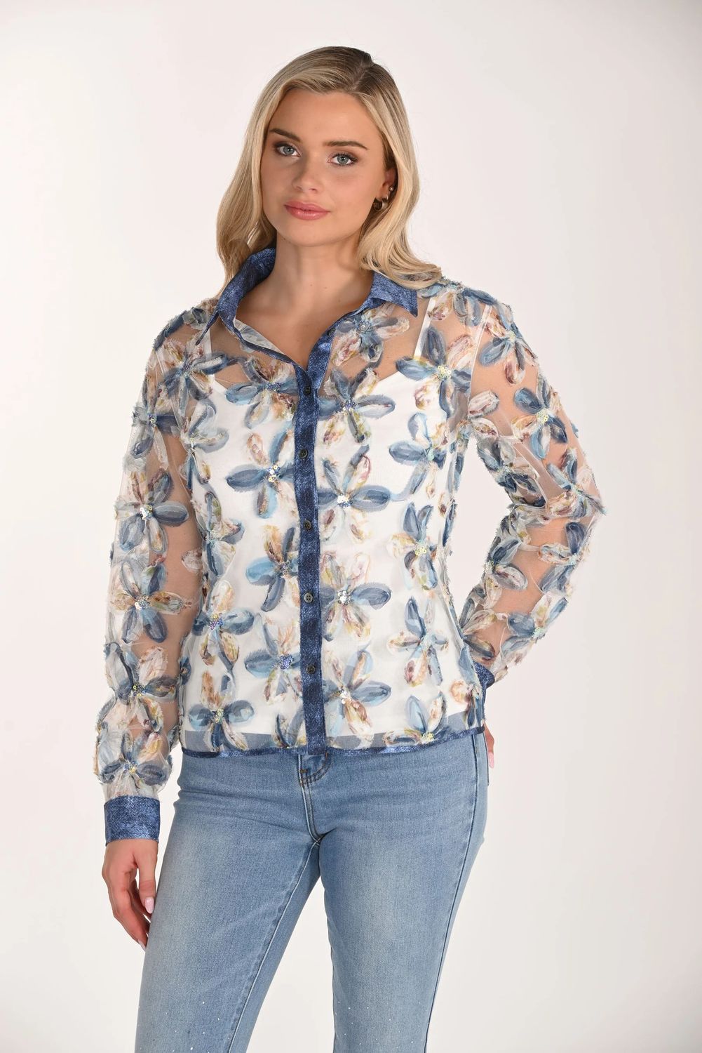 Floral Embroidery Blouse With Cami 266527, Color: Blue/Multi, Size: M
