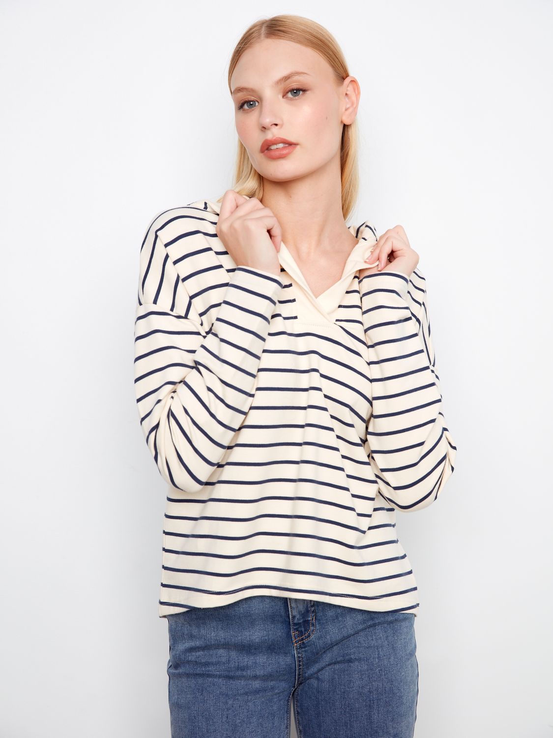 V Neck Hoodie With High-Low Hem C1351X/608C, Color: Navy, Size: XS