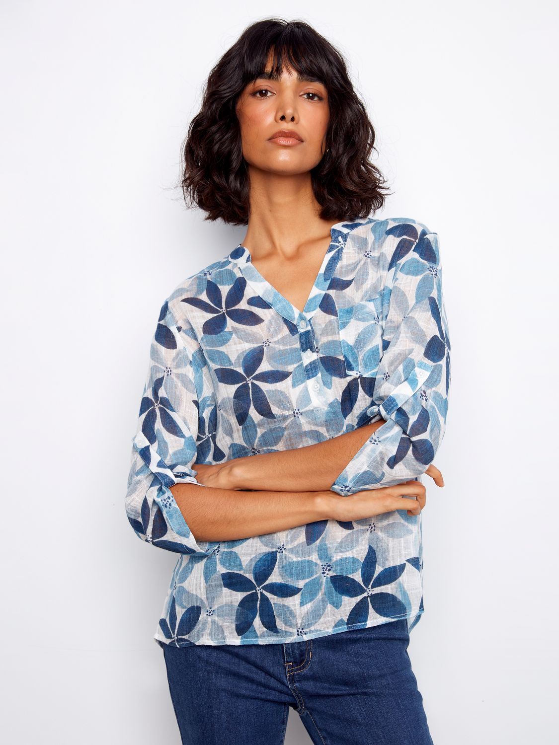 Printed Roll Up Blouse C4188AR/884B, Color: Feather, Size: S