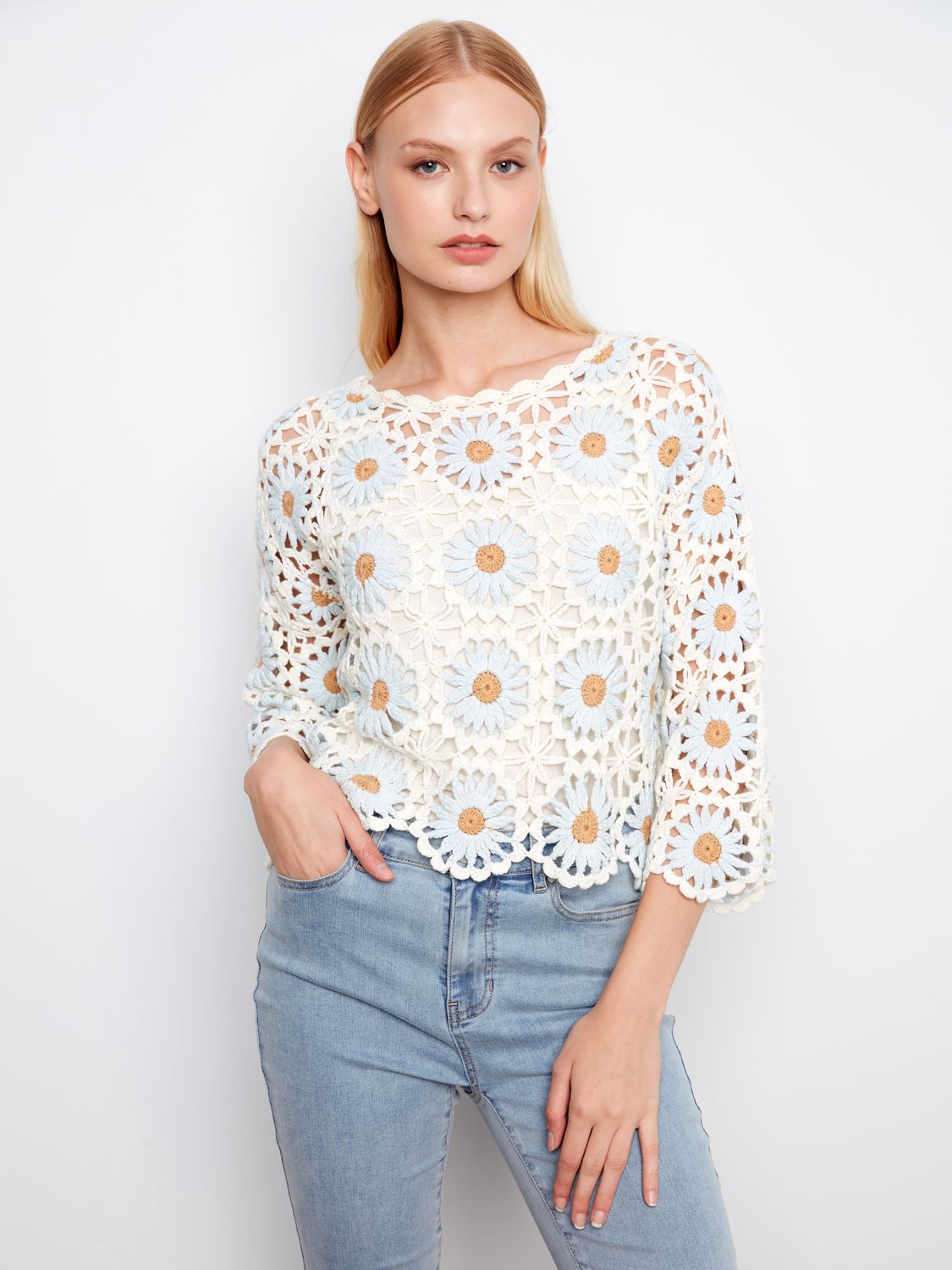 Crochet Sweater C2941-267C, Color: Powder, Size: XS