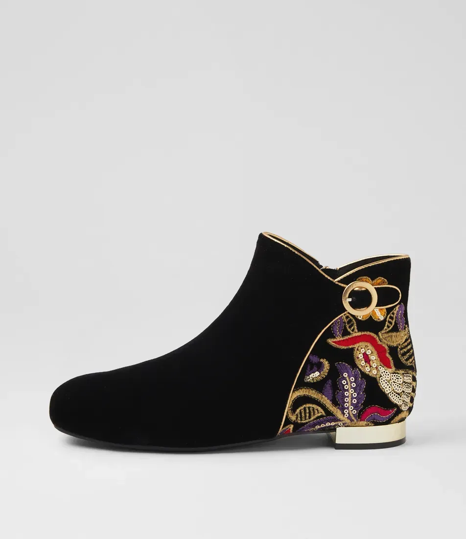 Fianni Black Embroidery Velvet Ankle Boots