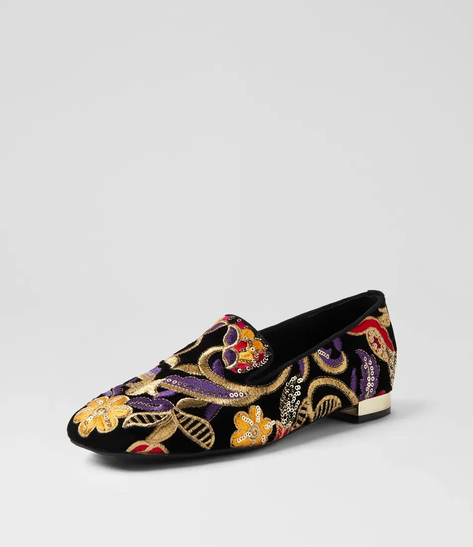 Faires Black Embroidery Velvet Flat Shoes
