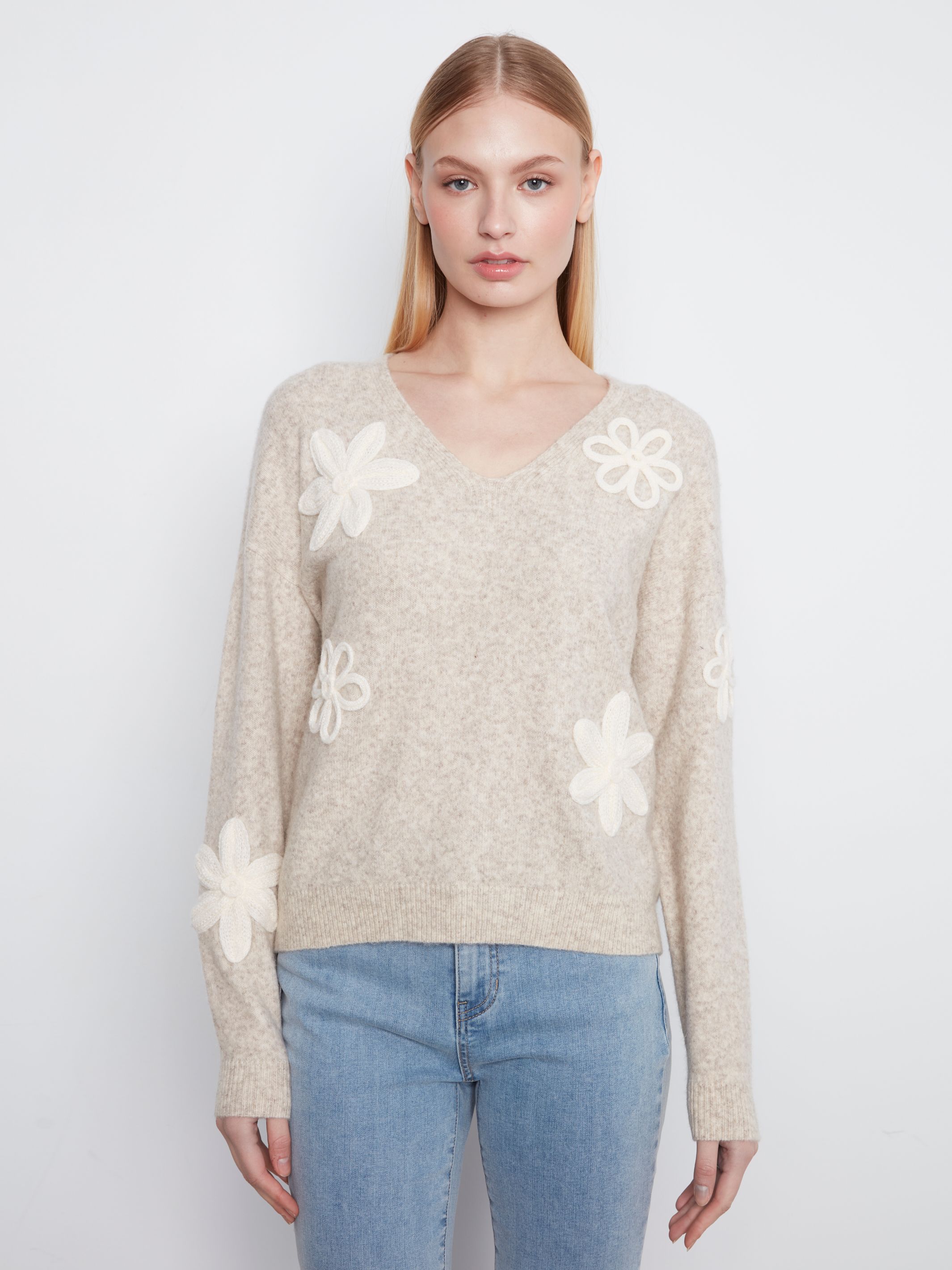 V-Neck Flower Sweater by Charlie B