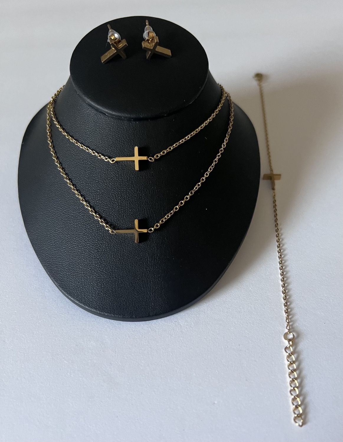 Women Jewelry Set Stainless Steel Cross Pendant Necklace Bracelet Chain Earrings