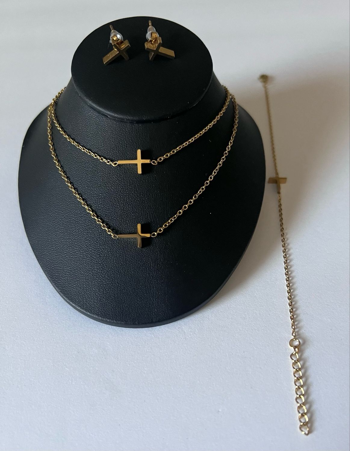 Women Jewelry Set Stainless Steel Cross Pendant Necklace Bracelet Chain Earrings