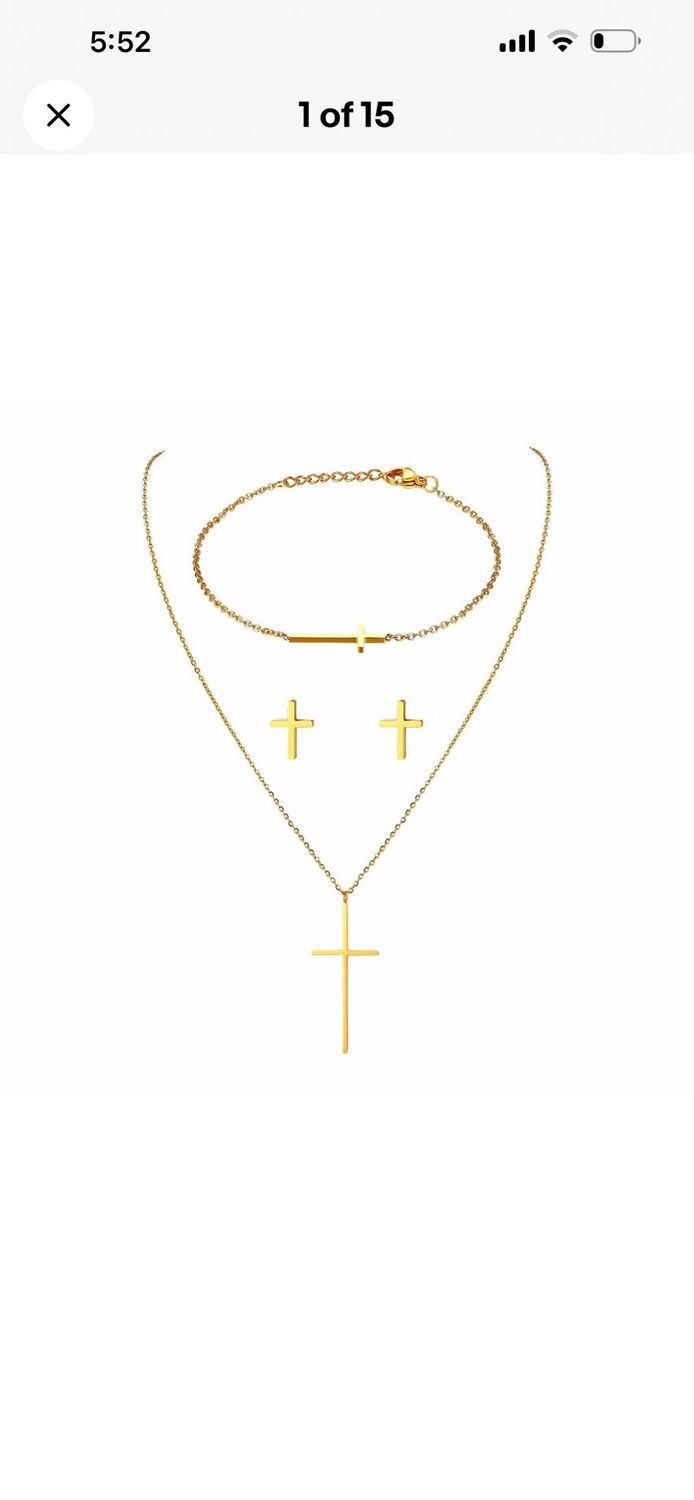 Women Jewelry Set Stainless Steel Cross Pendant Necklace Bracelet Chain Earrings