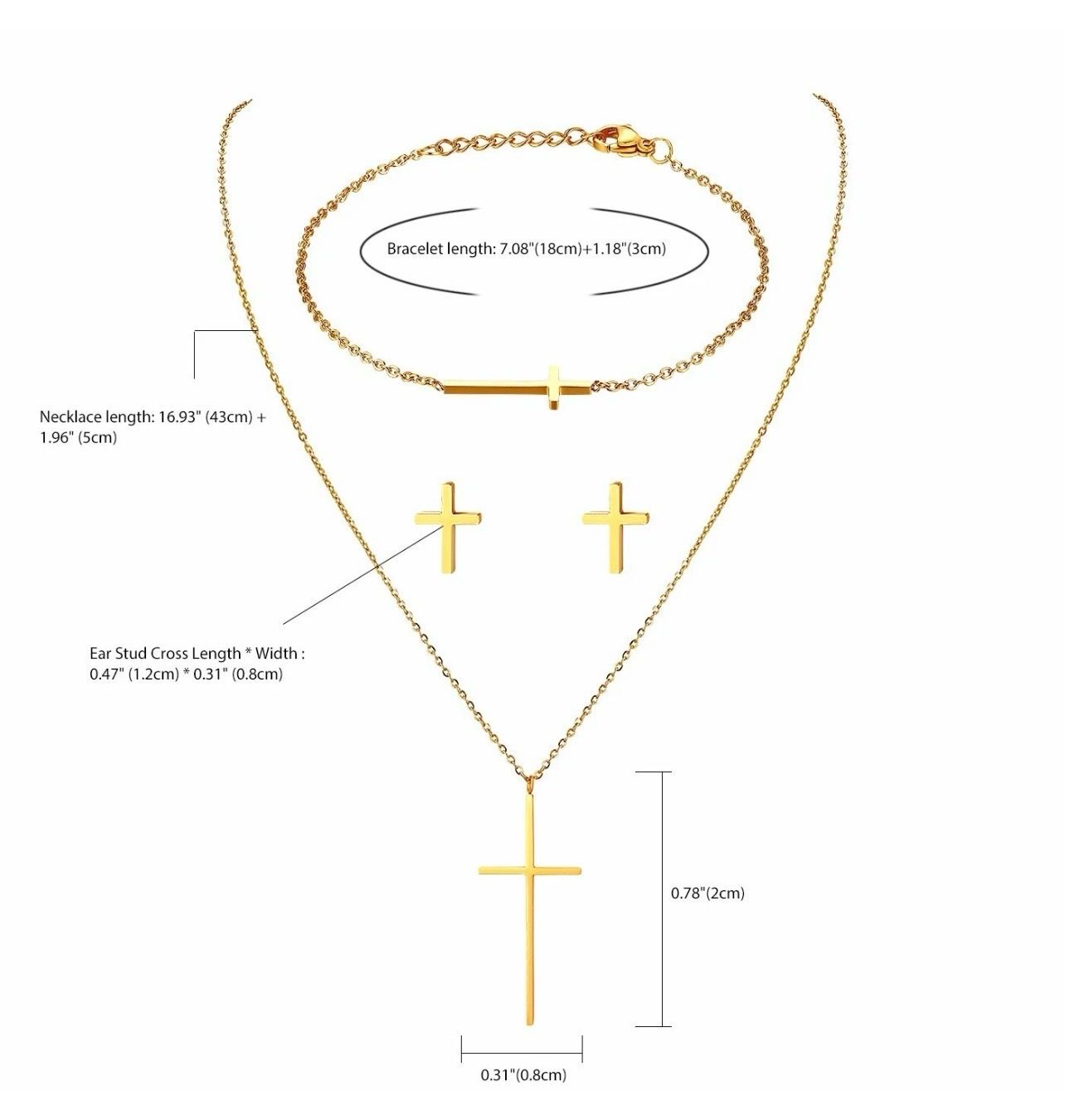 Women Jewelry Set Stainless Steel Cross Pendant Necklace Bracelet Chain Earrings