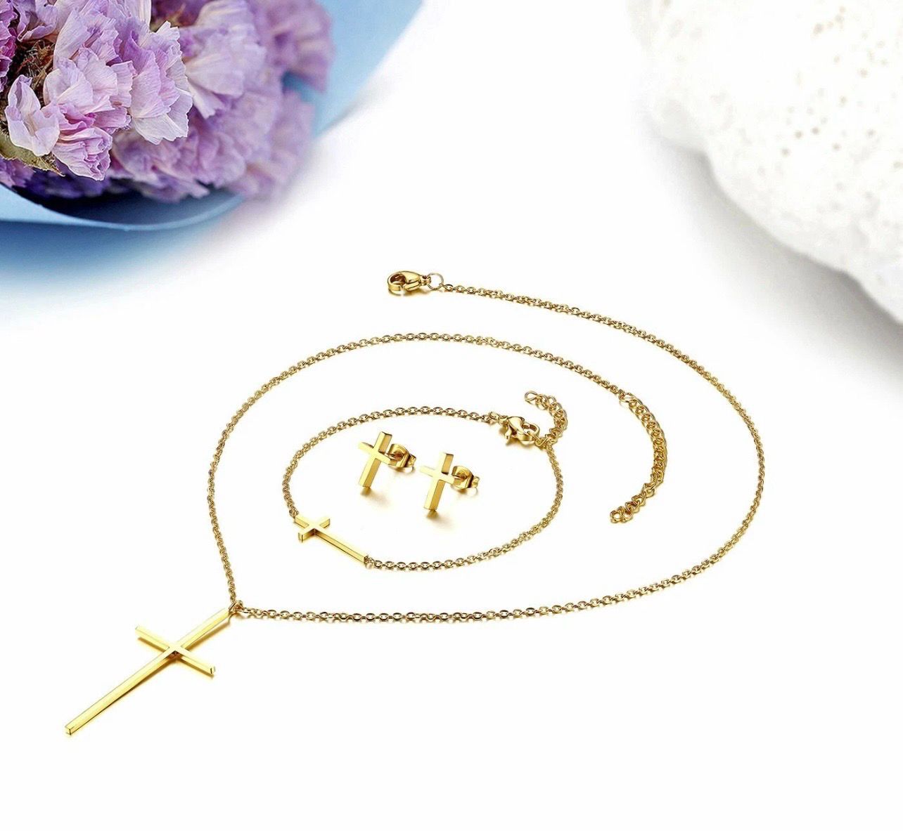 Women Jewelry Set Stainless Steel Cross Pendant Necklace Bracelet Chain Earrings