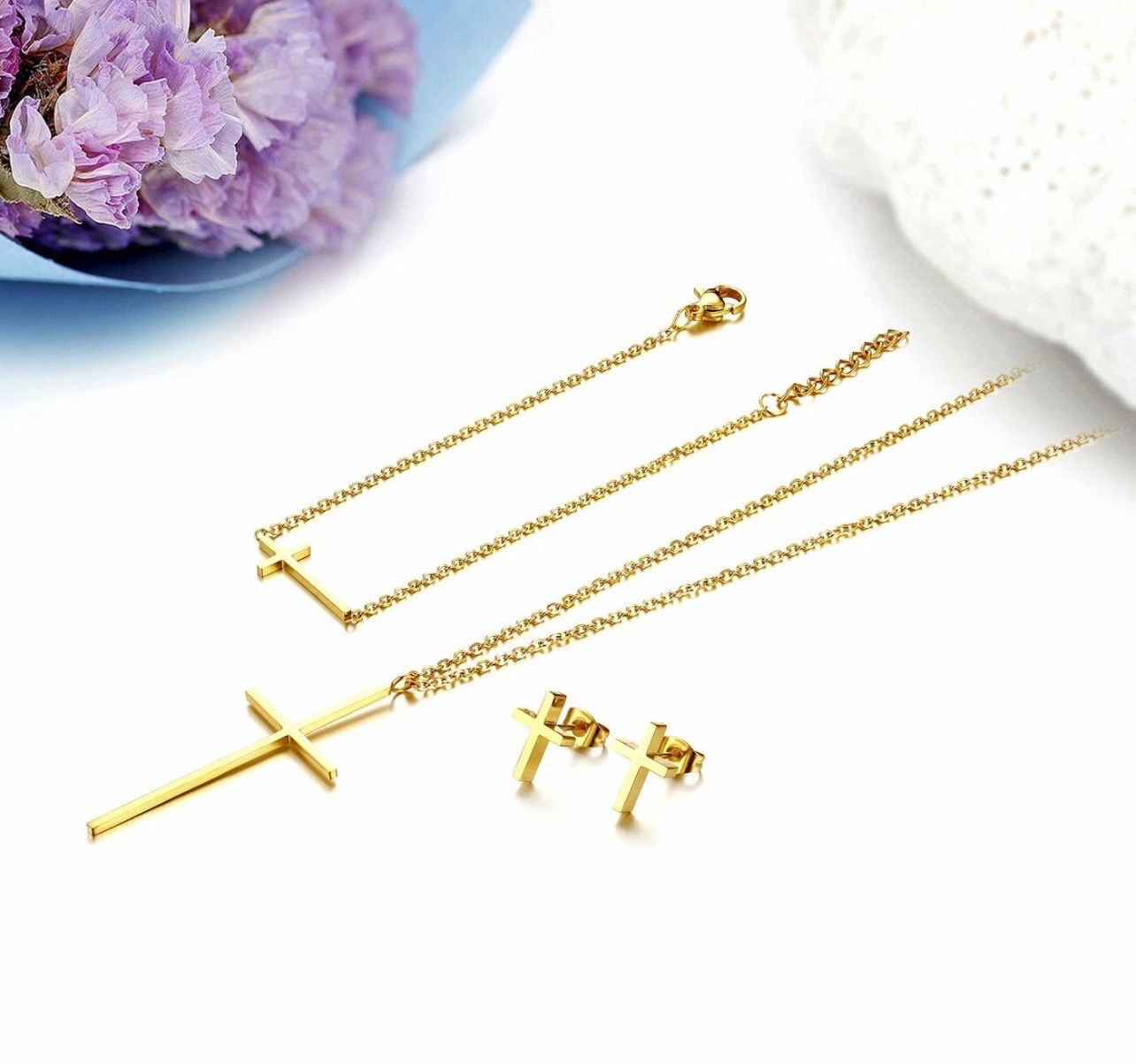 Women Jewelry Set Stainless Steel Cross Pendant Necklace Bracelet Chain Earrings