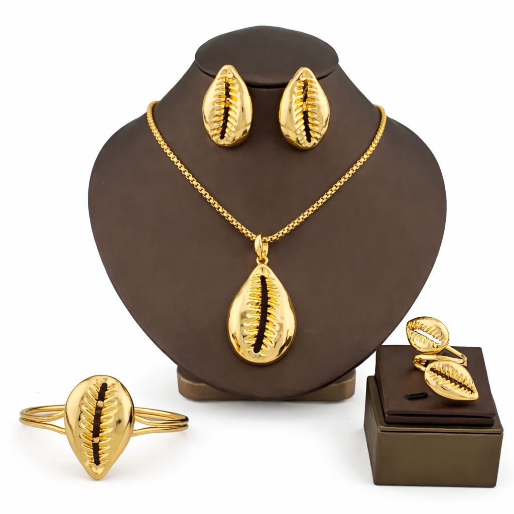 Jewelry Set Copper Women African Shell Shape Design Earrings Pendant Bracelet Ring Dubai Arab Turkis Jewelry