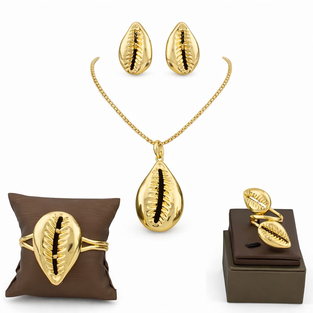 Jewelry Set Copper Women African Shell Shape Design Earrings Pendant Bracelet Ring Dubai Arab Turkis Jewelry