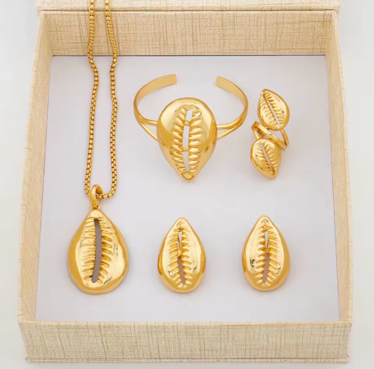 Jewelry Set Copper Women African Shell Shape Design Earrings Pendant Bracelet Ring Dubai Arab Turkis Jewelry