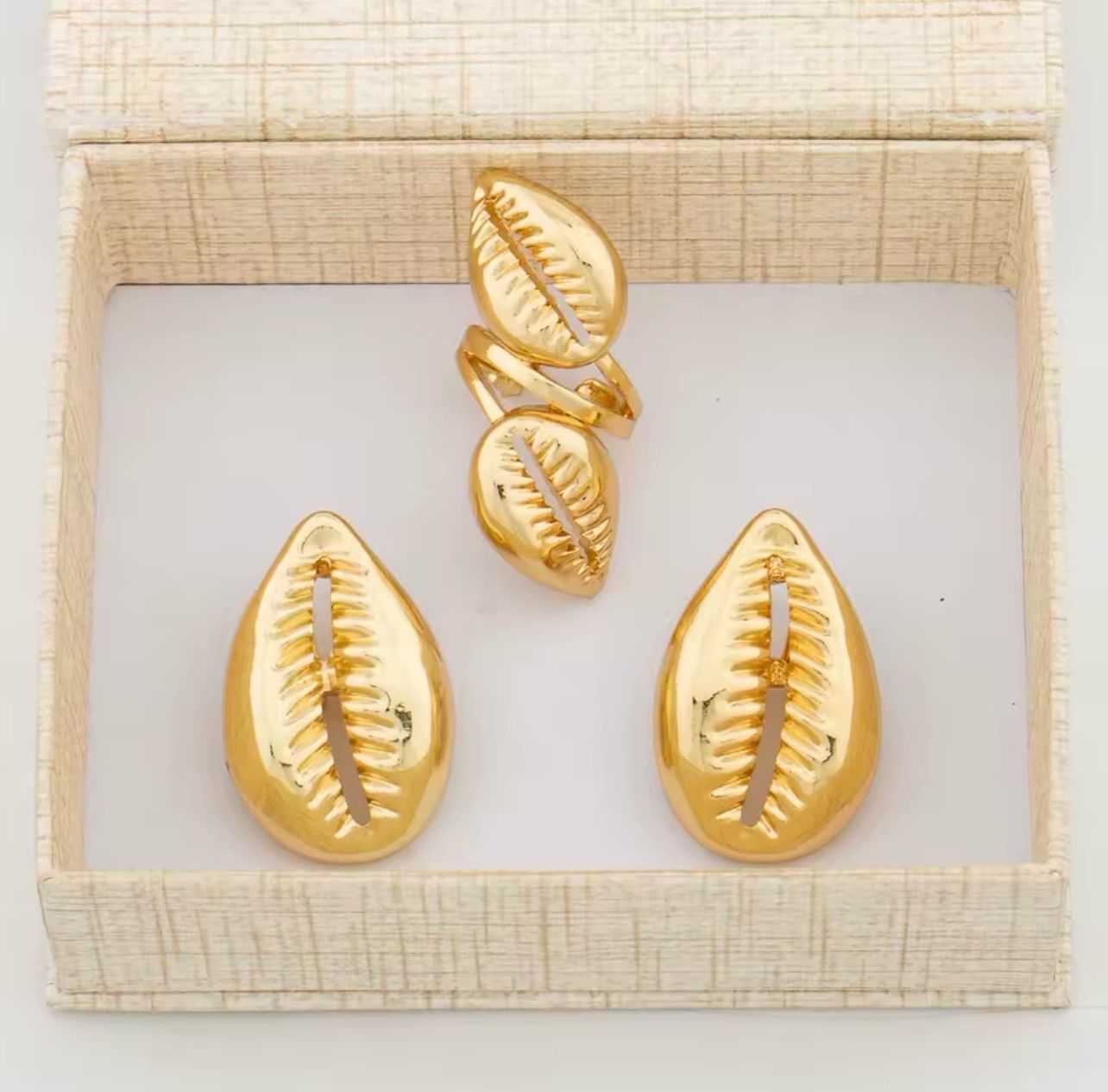 Jewelry Set Copper Women African Shell Shape Design Earrings Bracelet Ring Dubai Arab Turkis Jewelry