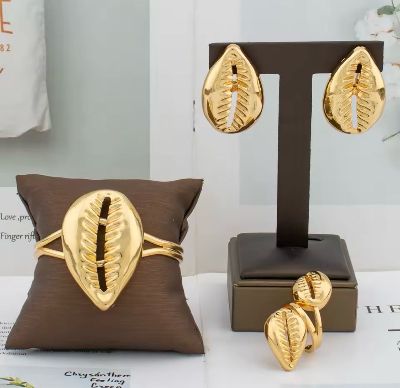 Jewelry Set Copper Women African Shell Shape Design Earrings Bracelet Ring Dubai Arab Turkis Jewelry