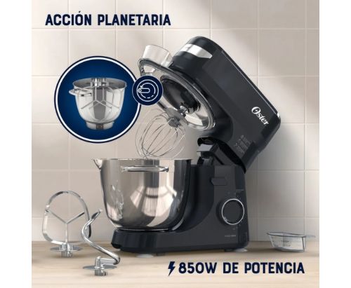 Oster® Batidora Planetaria, 12 velocidades, Tazón de Acero Inoxidable, Capacidad de 4 lt, Incluye 4 Accesorios, 850 W, Negro, FPSTSMPL2B