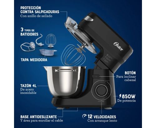 Oster® Batidora Planetaria, 12 velocidades, Tazón de Acero Inoxidable, Capacidad de 4 lt, Incluye 4 Accesorios, 850 W, Negro, FPSTSMPL2B