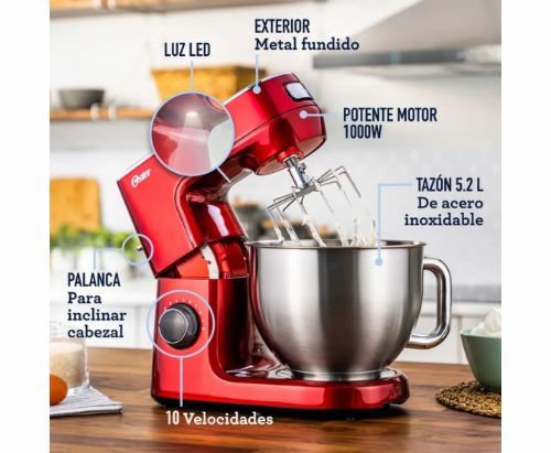 Oster Batidora Planetaria con 10 Velocidades, Tazón de 5.2 Litros de capacidad y Potente Motor de 1000 Watts, Color Rojo, FPSTSMPL3R-013